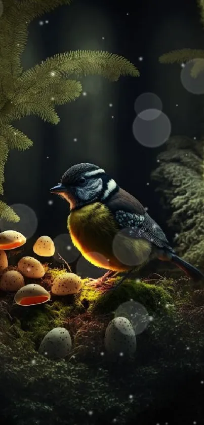 Vibrant bird perched among glowing mushrooms in a dark forest setting.