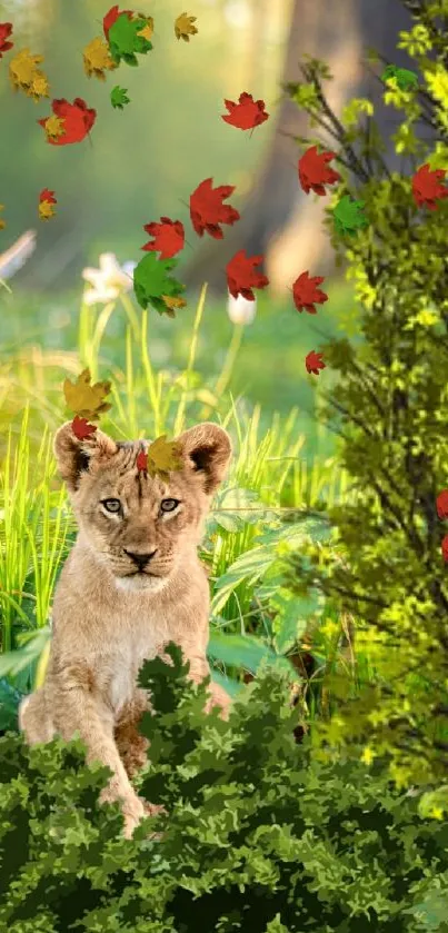 Lion cub peeks out in bright green forest scene.