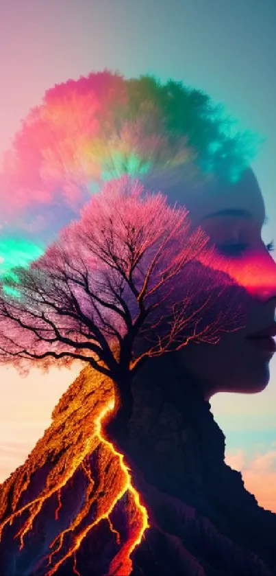 Artistic silhouette of a woman's profile blending with a colorful tree and volcanic landscape.