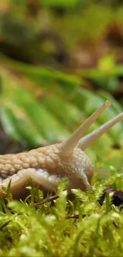 Snail gracefully moving on green moss in a forest setting.