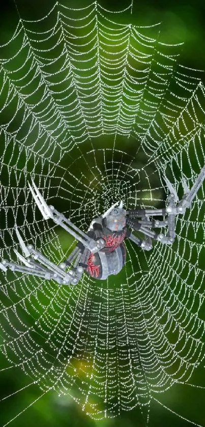 Robotic spider on intricate web with green forest background.