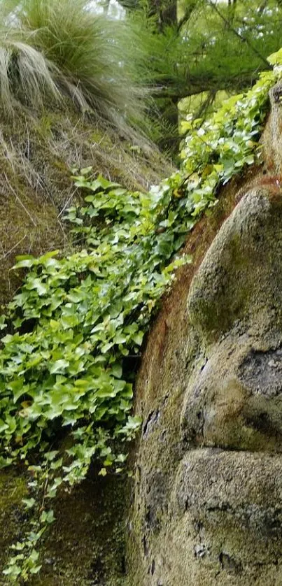 Green ivy cascading over a stone face in a forest setting.