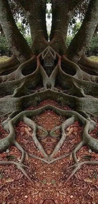 Symmetrical tree roots on earthy forest ground.