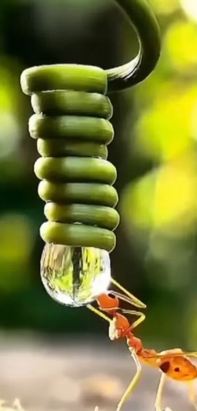 Macro shot of an ant with a water droplet against a green background.