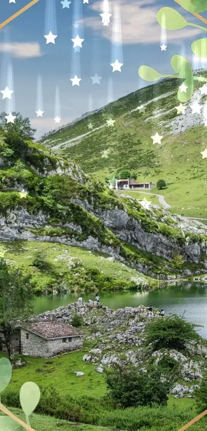 Green hillside with stars and cabin under a clear sky.