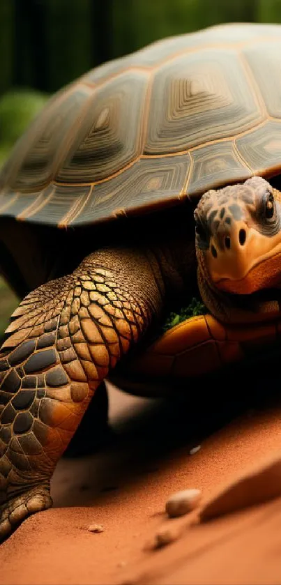 Close-up of a turtle in a natural setting, showcasing its shell and intricate details.