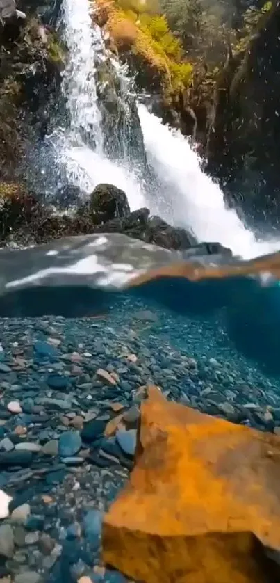 A serene waterfall and clear stream with rocky textures and foliage.