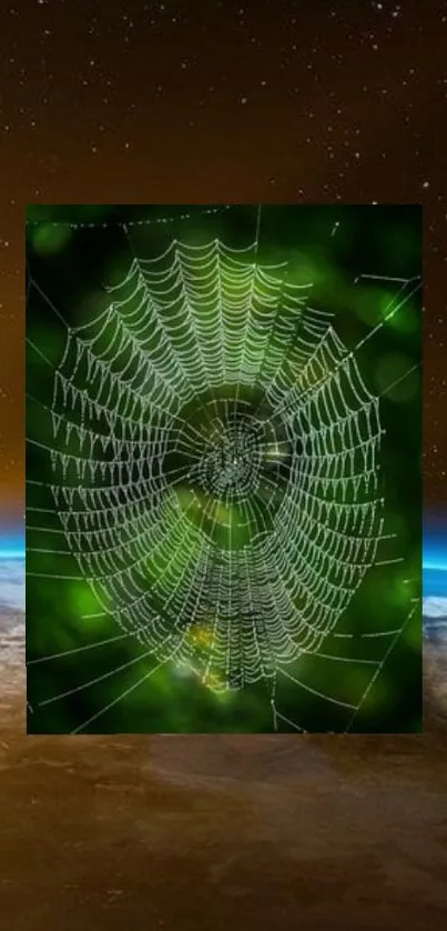 Spider web with Earth backdrop mobile wallpaper.