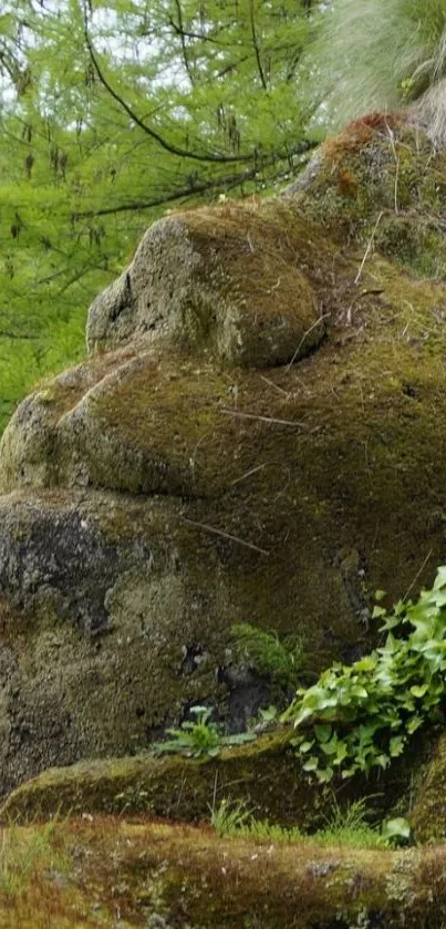 Moss-covered stone face surrounded by lush greenery.