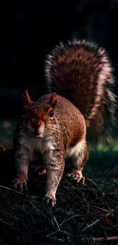 Squirrel standing alert on the ground with a dark, lush forest backdrop.