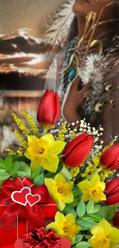 Elegant phone wallpaper with red tulips, yellow daffodils, and a scenic background.