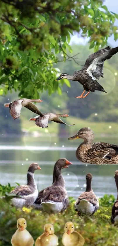 Ducks by a serene green lake with lush foliage.