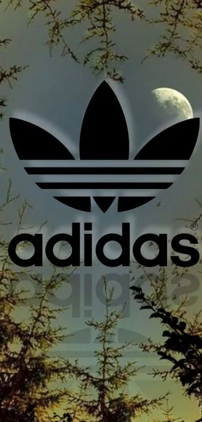 Adidas logo with nature backdrop, featuring trees and moon.