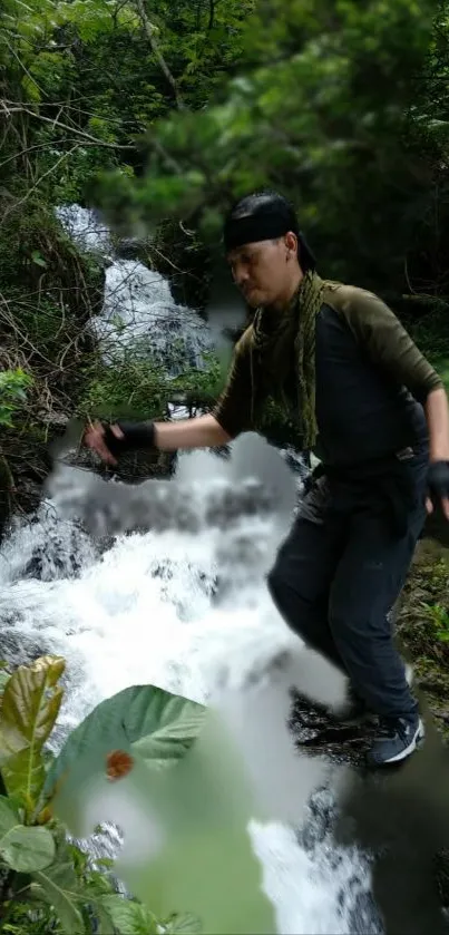 Man exploring waterfall in green forest, adventure wallpaper.