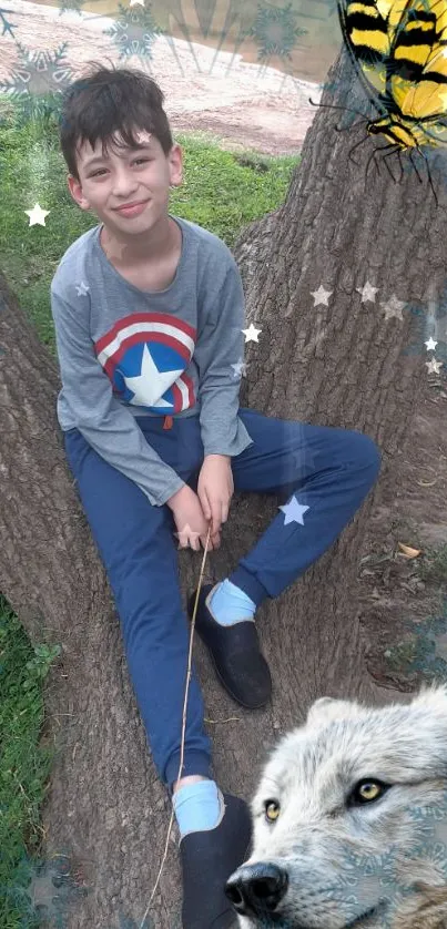 Young boy in blue jeans sitting on a tree with wolf and butterfly imagery.