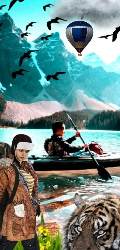 A dynamic mobile wallpaper featuring a kayaker, mountain, and wildlife.