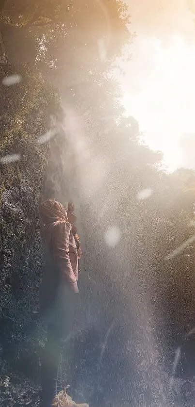 Person exploring a misty waterfall surrounded by sunlight and trees.