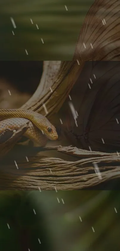 Snake on a branch with raindrops in a natural setting.