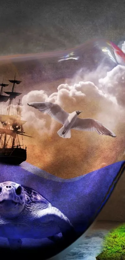 Surreal wallpaper with ship, seagull, and turtle over ocean and clouds.