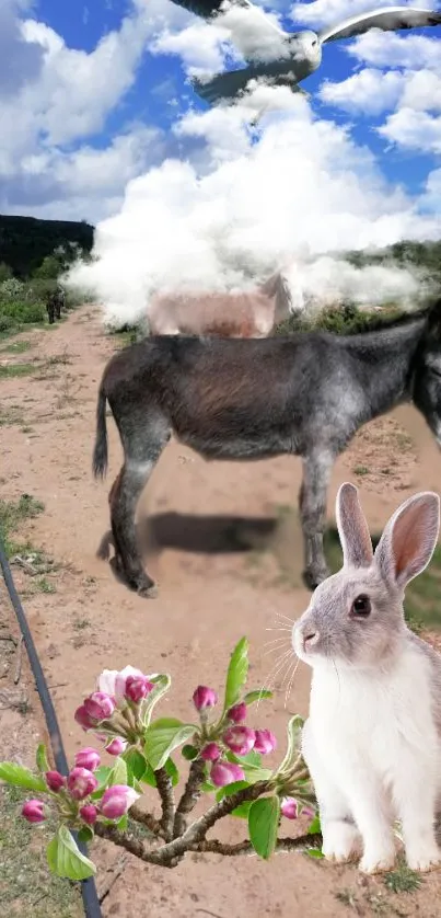 A serene nature scene with a rabbit, donkey, and seagull under a blue sky.