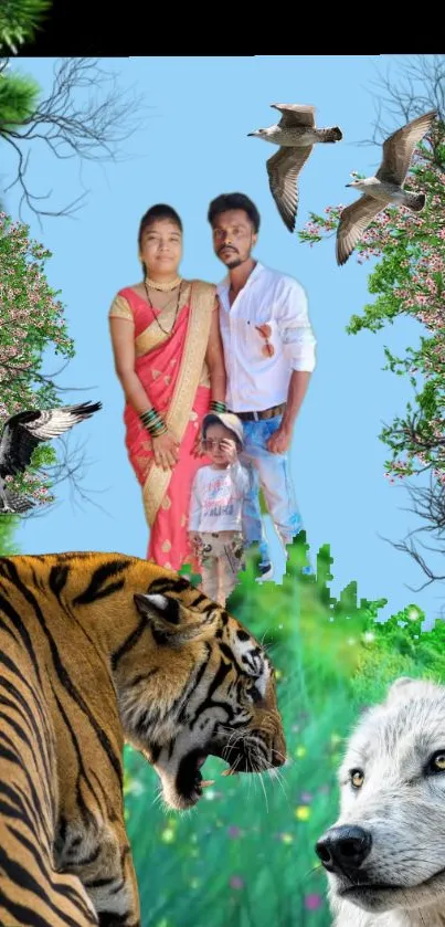 Nature scene with family, tiger, wolf, birds, and blue sky.