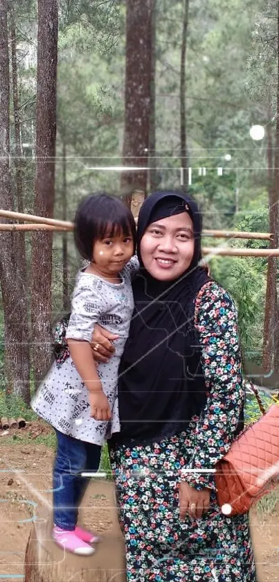 A family enjoying nature in a lush forest with joy and serenity.