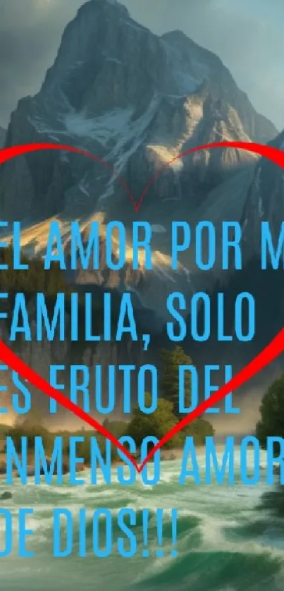 Mountain landscape with heart overlay and love message in Spanish.