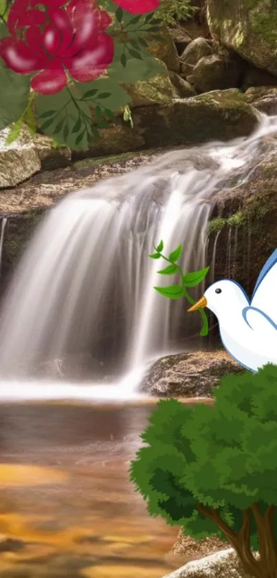 Nature-inspired mobile wallpaper with waterfall, red roses, and a dove.