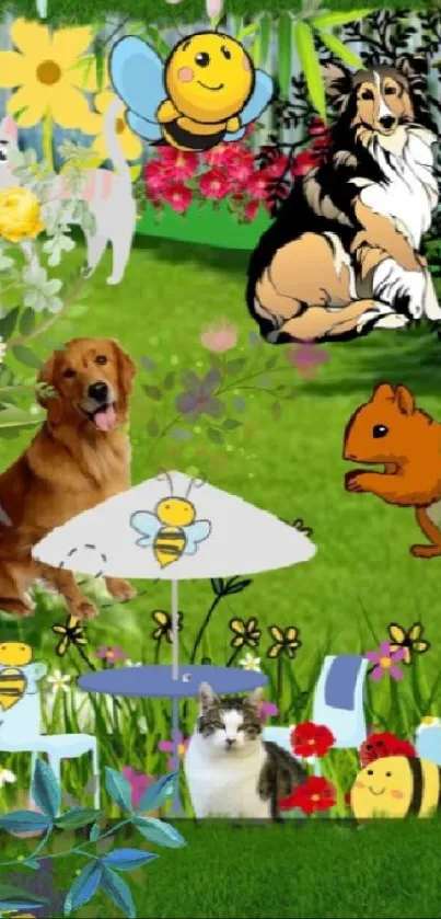 Colorful cartoon wallpaper with pets and vibrant nature elements.