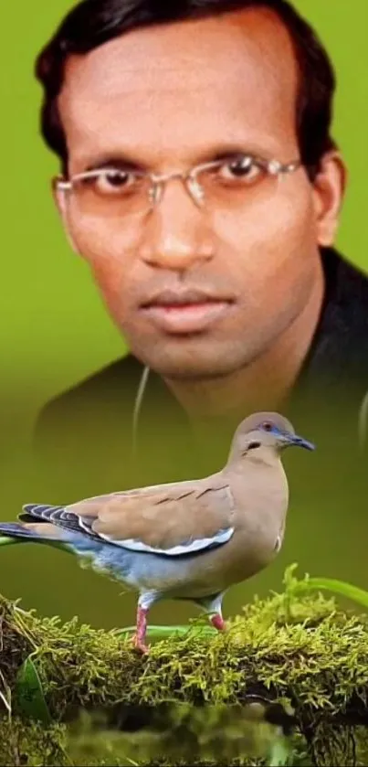 Portrait and bird on green background, unique phone wallpaper design.