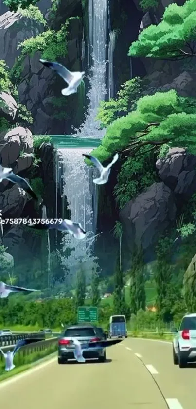 Serene highway with waterfall and flying birds in lush nature setting.