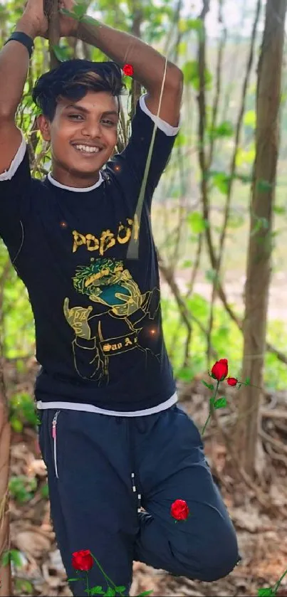 Young person smiling amidst green forest with red roses.