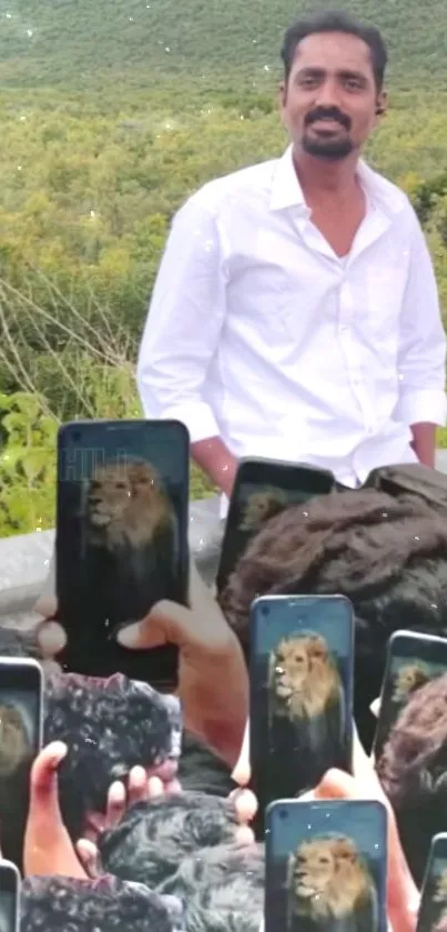 Man in nature surrounded by phones with a lion screen.