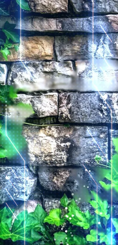 Abstract wallpaper blends nature with digital effects on a stone wall.