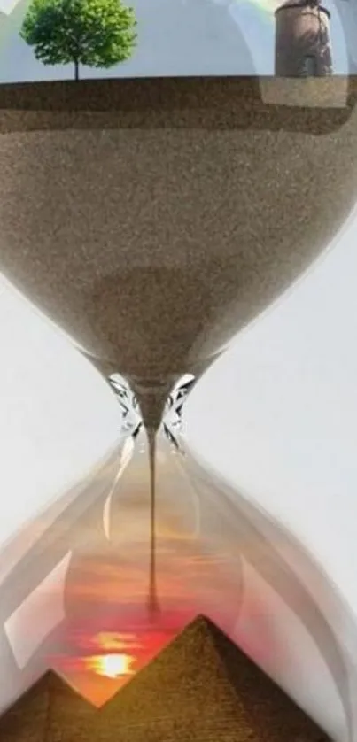 Hourglass with tree, rainbow, and pyramid inside, symbolizing nature and time.