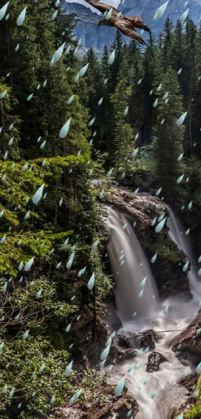 A stunning waterfall with an eagle flying over a dense, verdant forest.