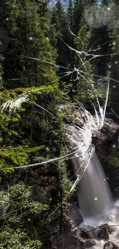 Mobile wallpaper featuring a serene waterfall in a lush green forest.