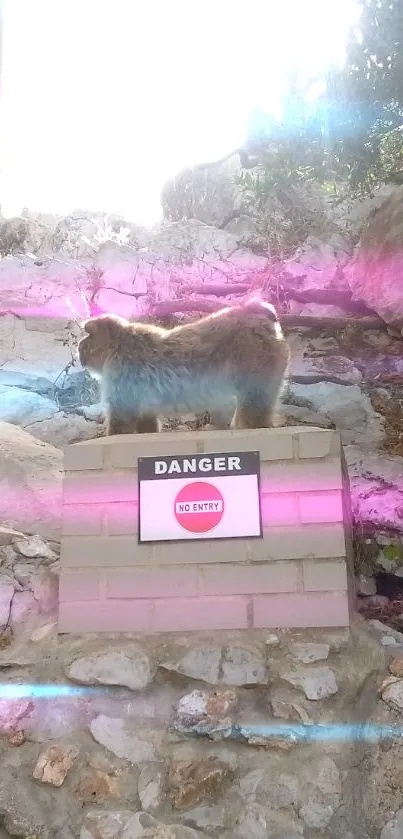 Wild animal on rocky terrain with danger sign in nature.