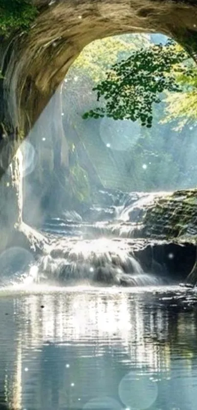 Nature archway with waterfall and lush greenery.