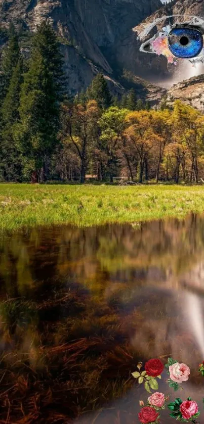 Artistic landscape with eye reflection in serene nature setting.