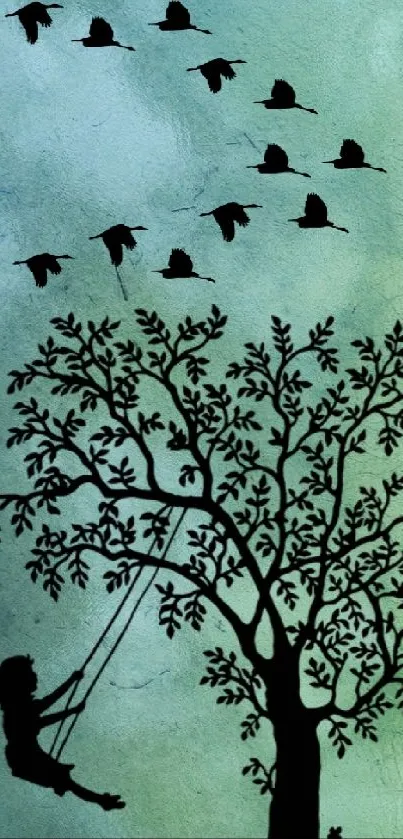 Nature-inspired phone wallpaper with girl, tree, and birds.