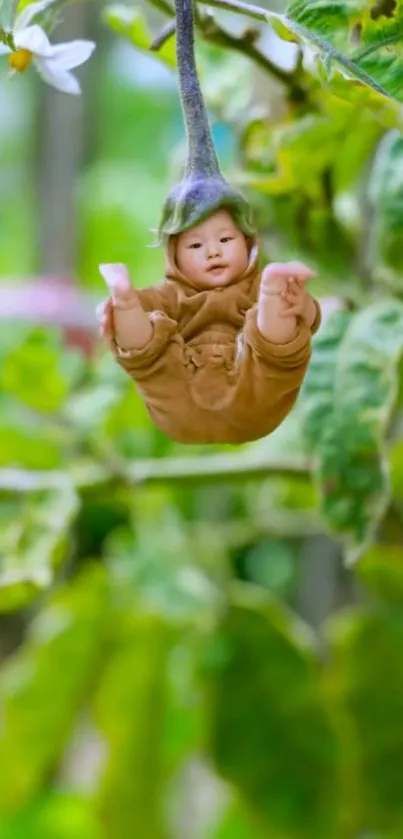 Whimsical baby nestled in a plant with natural green surroundings.