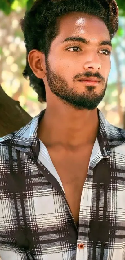 Outdoor portrait of a man with a plaid shirt and green leafy background.