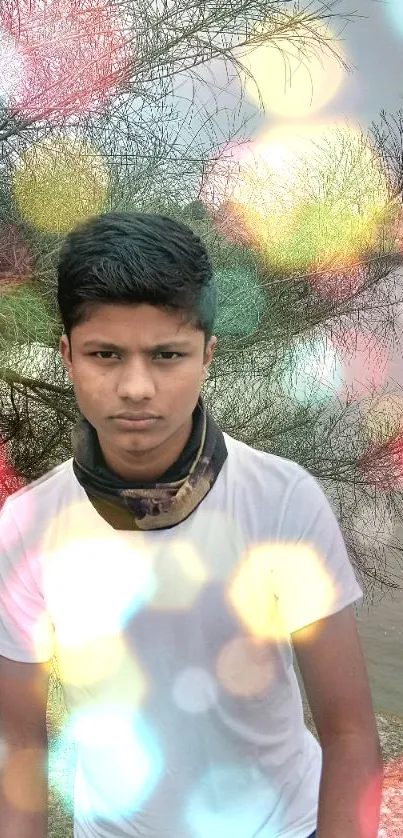 Young person in nature with river and trees in background.