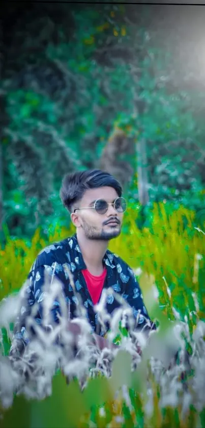 Stylish man in sunglasses sits in a lush green field.