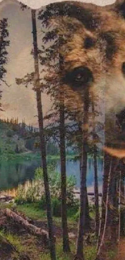 Bear overlaid on a serene forest scene