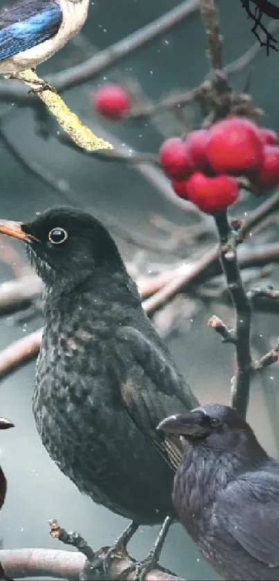 Birds and red berries on bare branches mobile wallpaper.