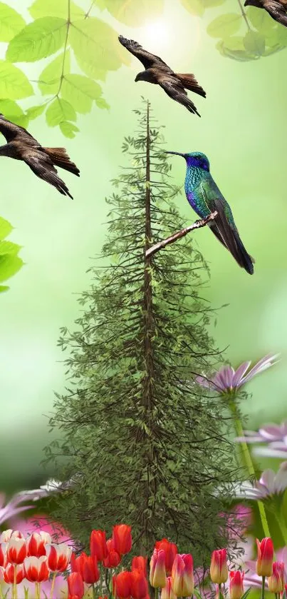 Vibrant nature wallpaper with birds and colorful flowers on a green background.