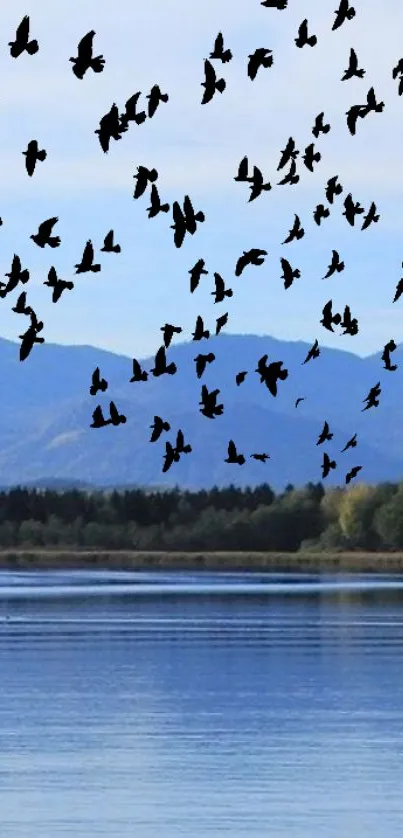 Birds flying over a tranquil blue lake with mountains.