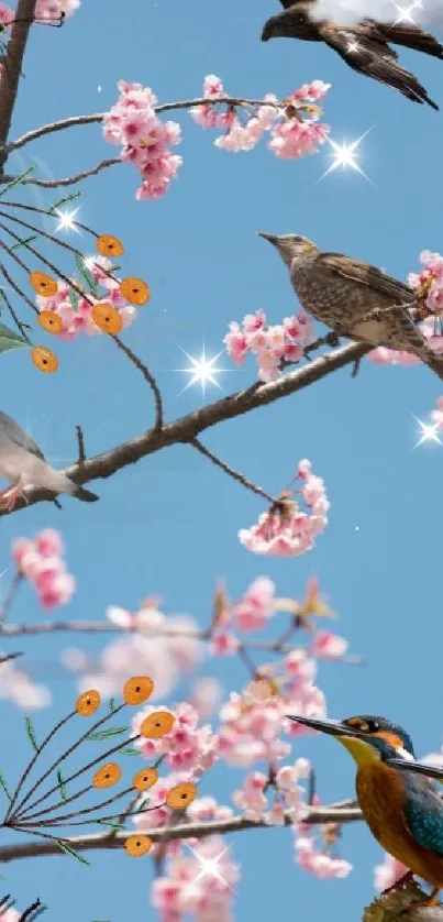 Birds among cherry blossoms on a blue sky background.